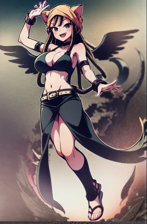 eril mermaid melody, catgirl ,dreadlock, fang, black wings, micro skirt, flipflops, smile, bandana, standing, big breast, full body, levitating