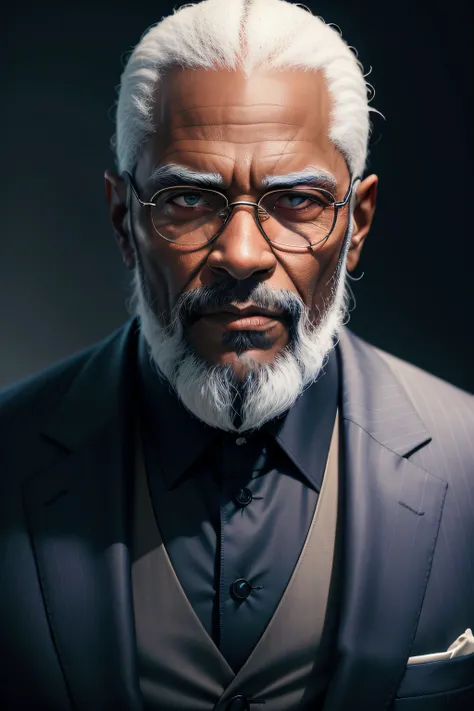 A portrait of a 67 years black man, bearded, with piercing eyes, detailed face, navy blue suit, high details, photography, dark studio, rim light, Nikon D850, 50mm, f/1.4