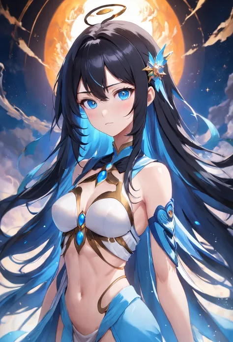 The whole body is beautiful and gorgeous Honkai three style, Astral Deva,fully body photo, Goddess, Shiny skin, Long straight hair, Black hair color, tan complexion, Blue eye color, Gender female, ren，Very detailed face and hands, 36d chest，Highlight point...