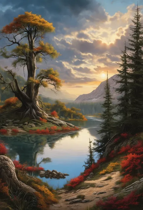 a painting of a landscape with a lake and trees, an airbrush painting by David A Hardy, pixabay contest winner, fantasy art, airbrush art, detailed painting, fantasy