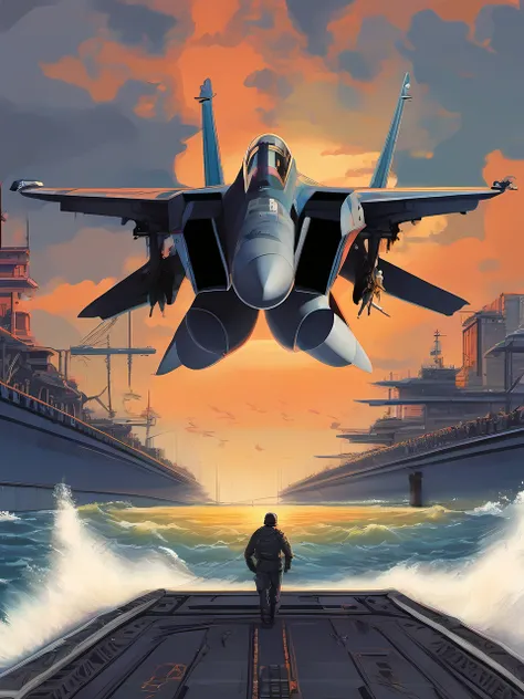 foreshortening technique, dynamic perspective, spatial depth, three-dimensional illusion, visual impact, artistic skill, engaging composition, movie「Top」Illustrations inspired by、Sea setting sun、Behind the F-14 fighter jet taking off、Were about to get star...