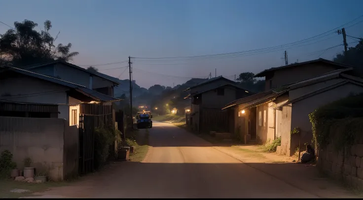 A tractor driver running on Village road. Some houses in her back and road side like villagers poor people house. Indian house. At moonless night with scary moment