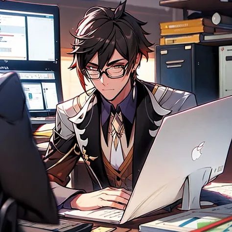 ENTREPRENEUR LOOKING AT THE SCREEN OF HIS COMPUTER, IN SUIT, GLASSES STYLE DRAWING WITH APPEARANCE OF SOME 45 YEARS