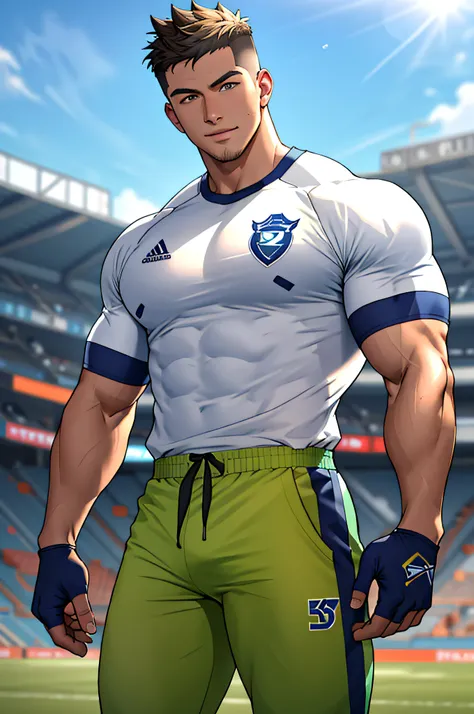 Draw a full-fledged athlete，Stand on the central field of the gym，He wears high-end sportswear，The man looks confident and determined，rays of sunshine，cheerful big breasts，Handsome，Crew cut，full bodyesbian，shooting from below，