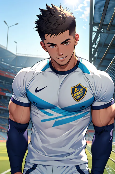 Draw a full-fledged athlete，Stand on the central field of the gym，He wears high-end sportswear，The man looks confident and determined，rays of sunshine，cheerful big breasts，Handsome，Crew cut，full bodyesbian，shooting from below，