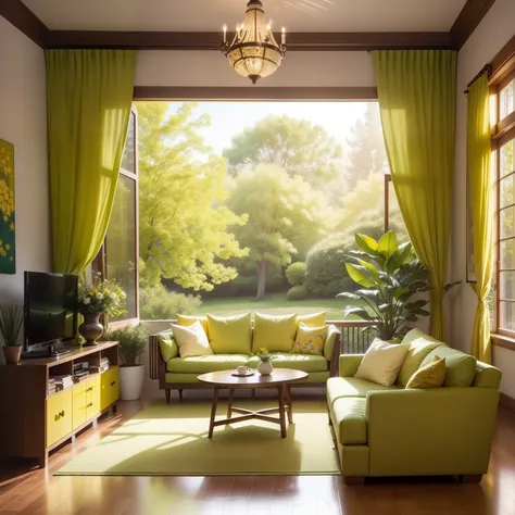 An enchanting interior design for a living room, harmoniously blending the refreshing hues of green and yellow. The subject is a testament to the fusion of natures vibrancy and joyful energy. The scene is set in a well-illuminated living room, where the gr...