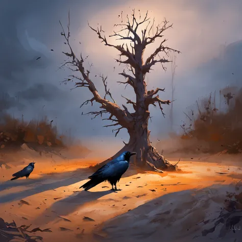 Two crows on a dead tree, A shadow shaped like a walker, Starry night, Thick fog on the ground, Blue light on the horizon, Unreal Engine 5, Cinematic, low angle photography, Motion blur, Depth of field, Dust, Cobblestones and dirt. Splash Art, dripping pai...