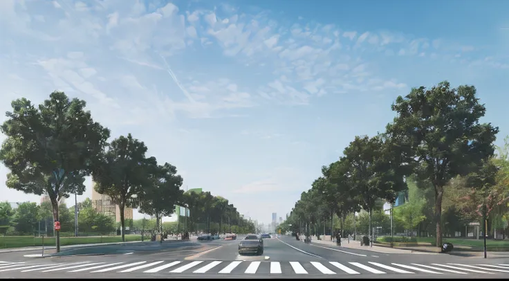 Street renderings with trees and pedestrian crossings, city street view background, street level view, street top view, photorealistic streetscape, wide establishing shot, City, the city street, street, photo from 2022, Beautiful image, perspective wide an...