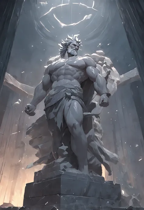 A statue of Zeus, (with inspiration in the background: 1.4), by Clint Cearley, rendered in Arnold, made of marble, (cinematic: 1.4), slate-gray atmosphere, hyper-detailed, soft tones, insane details, low contrast