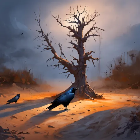 Two crows on a dead tree, A shadow shaped like a walker, Starry night, Thick fog on the ground, Blue light on the horizon, Unreal Engine 5, Cinematic, low angle photography, Motion blur, Depth of field, Dust, Cobblestones and dirt. Splash Art, dripping pai...