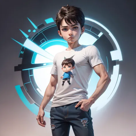 front view of an animated boy standing wearing tshirt character design, full body, drawing a face in maximum quality, high-quality drawing of the face,clipart, full Illustration, 4k, sharp focus, smooth soft skin, symmetrical, detailed face, concept art, s...