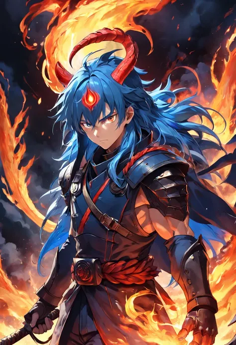 Male fire soldier sorcerer with dragon eyes and blue hair, vestindo vermelho