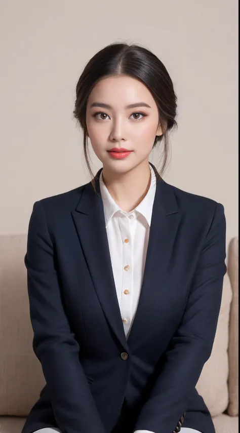 (RAW photogr:1.2),The highest quality, 超高分辨率, Female anchor，sitting in the couch，The female anchor wore a red blazer，Pair it with a white shirt and black trousers。Makeup is delicate and generous，Mainly light makeup，Highlights the female anchors eyes and li...