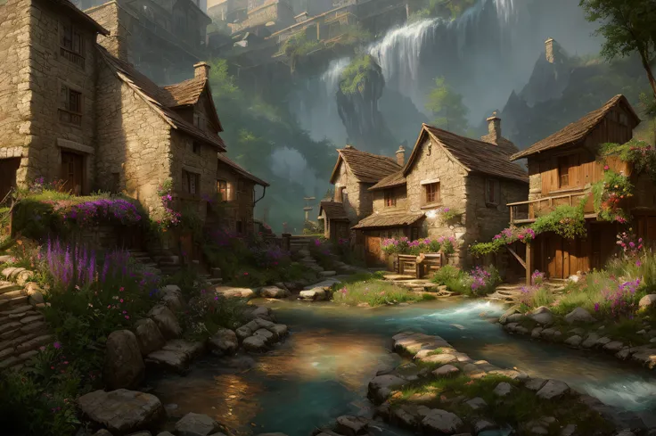 There is a small stream flowing through a small run-down village，realistic fantasy rendering，villages，unreal-engine，Unreal Engine renders concept art，Masking Paint Unreal Engine，Unreal Engine fantasy art，ArtStation Unreal，Inspired by Senior Environment Art...