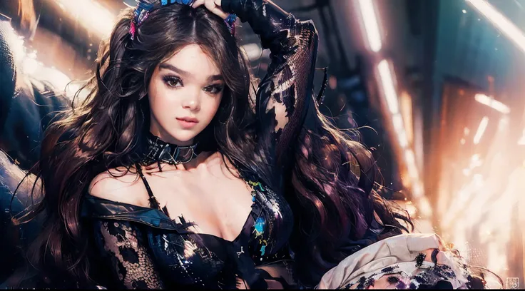 (masterpiece, best quality:1.2), solo, 1girl, Hailee Steinfeld, hawkeye, torn clothes, boobs, sexy pose, sexy, happy, new york landscape, night, neon lights