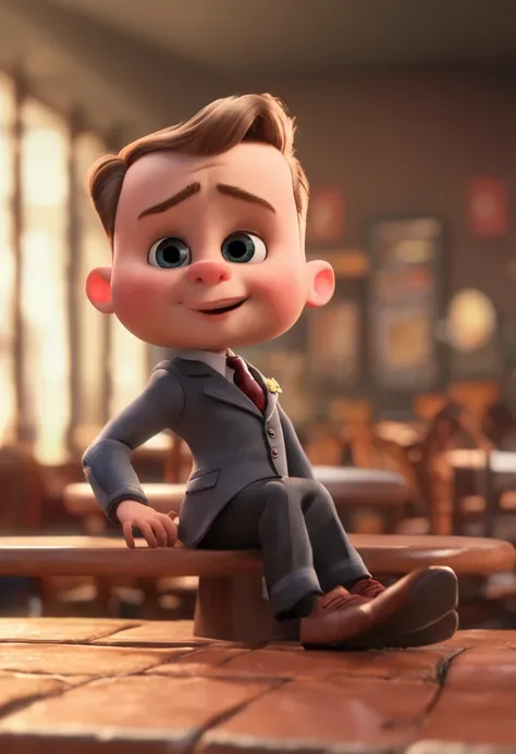 movie picture quality，style of disney animation，A little boy stands in a café with a cup of coffee in his hand，short detailed hair，Professional formal wear，Wore a pair of leather shoes，depth of fields，high light，Real light，Ray traching，oc rendered，Hyper-re...