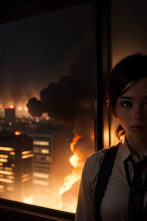 Photo Realistic Portrait High Detail Bokeh Cinematic Lighting Outside the window，The city is on fire and smoking，The crowd in the distance ran in panic