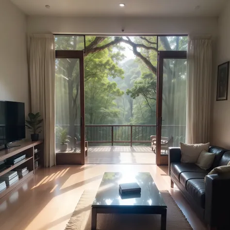 A grand, full-height TV unit set against a breathtaking backdrop of a lush forest, visible through a generously sized window. The subject is a stunning marriage of modern entertainment and natures beauty. The scene is set in a well-appointed room, where th...