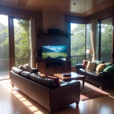 A grand, full-height TV unit set against a breathtaking backdrop of a lush forest, visible through a generously sized window. The subject is a stunning marriage of modern entertainment and natures beauty. The scene is set in a well-appointed room, where th...