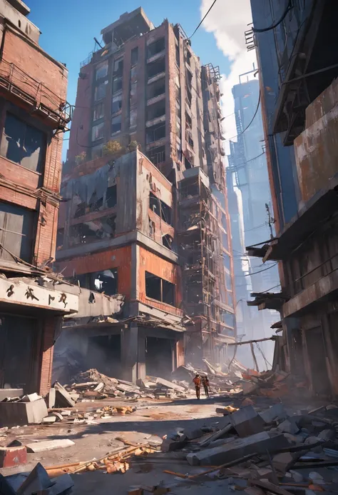 There are photos of construction sites，There are construction cranes, created in unreal engine 5, made in unreal engine 5, destroyed city in background, render in unreal engine 5, unreal engine 5 digital art, hyper-realistic environment, outdoors ruined ci...