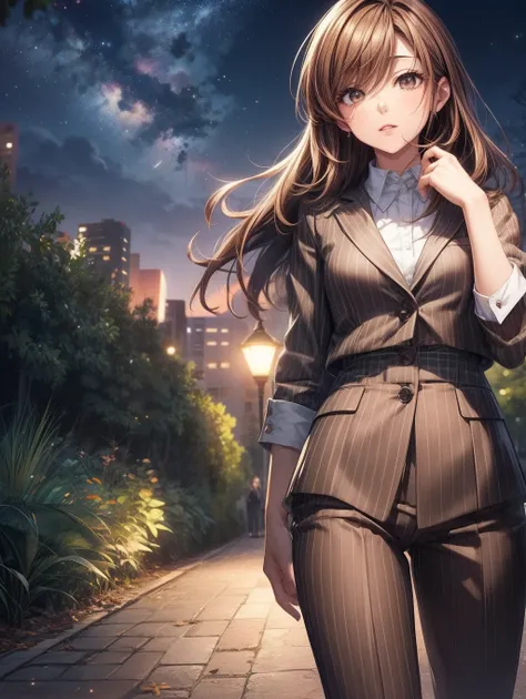 Best Quality, masutepiece, beautiful mature women、Beautiful face、Strong-minded woman、Striped Office Suit、Brown pants、brown haired、Brown-eyed、Longhaire、((Small eyes))、Full body like、during night、((Park background))、nigh sky、Insect voices、The background is a...