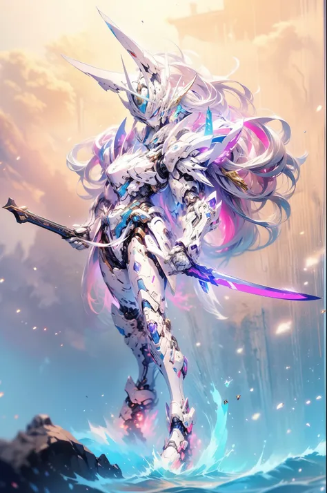 super wide shot, Close-up of the frontal photo itself,Mecha female warrior close-up，Future warrior style《Mech color: The main color is white，blue colors，Purple decoration》，（《Reference Japan Samurai sword》，Double knife flow，The knife itself glows blue），Keqi...