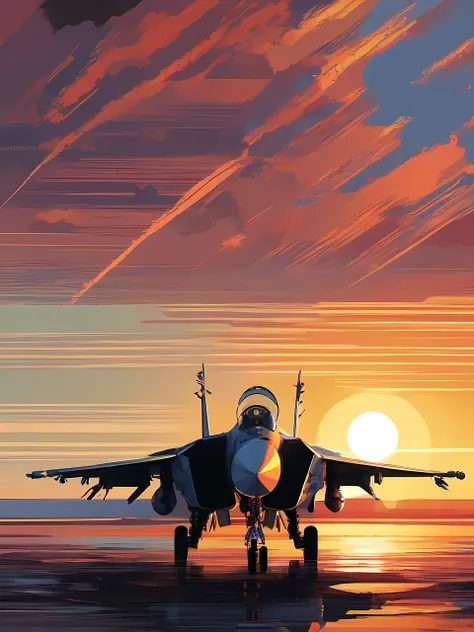 foreshortening technique, dynamic perspective, spatial depth, three-dimensional illusion, visual impact, artistic skill, engaging composition, movie「Top」Illustrations inspired by、Sea setting sun、Behind the F-14 fighter jet taking off、Were about to get star...