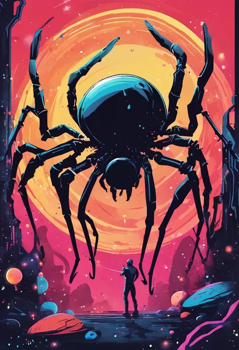 A black spider in space with a planet and colorful stars behind it