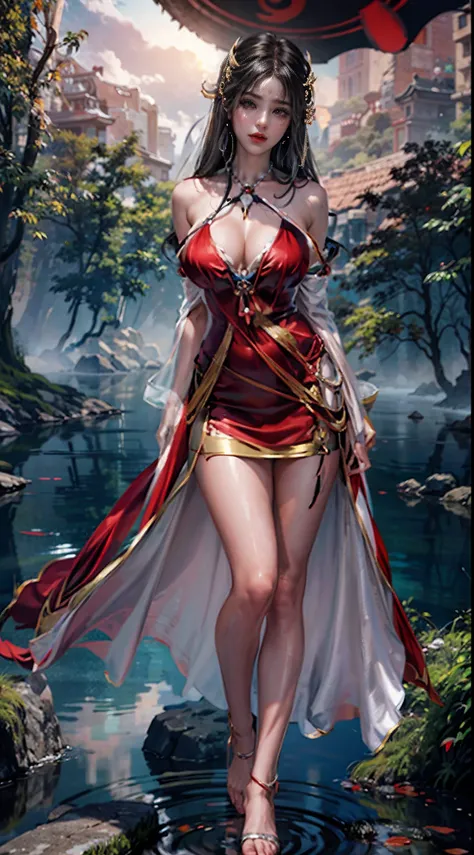 NSFW, Realistic super nasty fox woman, Big, A priestess sitting on the door of the shrines torii, Fluffy priestess uniform, full bodyesbian, Angular eyes, Hair between the eyes, hair messy, Gentle and attractive, Bare shoulders, delicate sexy collarbone, f...