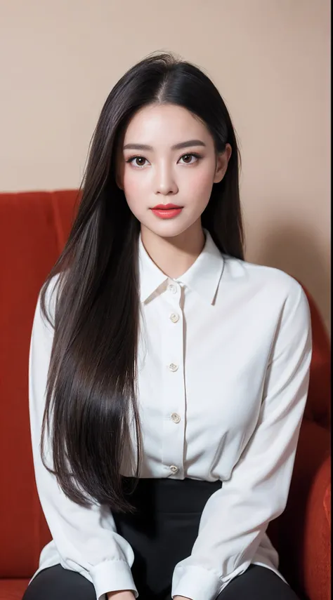 (RAW photogr:1.2),The highest quality, 超高分辨率, Female anchor，sitting in the couch，The female anchor is wearing a red blazer，Wear yours with a white shirt and black pants。The makeup is delicate and generous，Mainly light makeup，Highlight the female anchors ey...