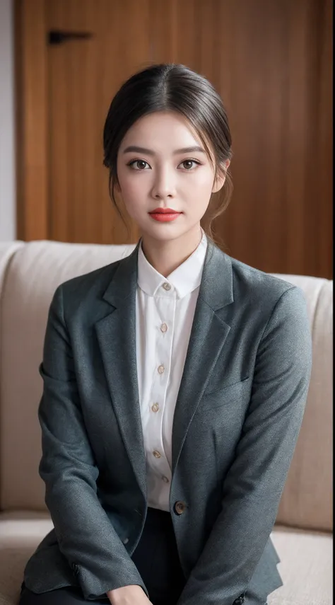 (RAW photogr:1.2),The highest quality, 超高分辨率, Female anchor，sitting in the couch，The female anchor is wearing a red blazer，Wear yours with a white shirt and black pants。The makeup is delicate and generous，Mainly light makeup，Highlight the female anchors ey...