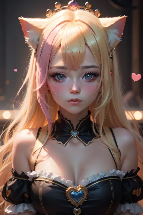 colored inner hair, blonde hair, crown, dashed eyes, cat ears, full blush, heart in eye, cheek poking, wide shot, Hyperrealism, cinematic lighting, UHD, highres, 4K