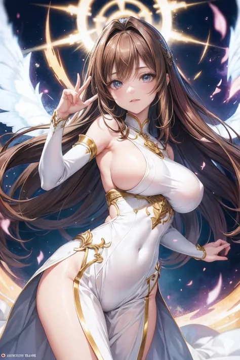 fantasy background, wide shot, 1 anime goddess, dynamic pose, look at viewer, white openwork clothes with detailed texture, super delicate beautiful face, bright expression, brown hair, long hair, long eyelash, big breast, skinny thin body