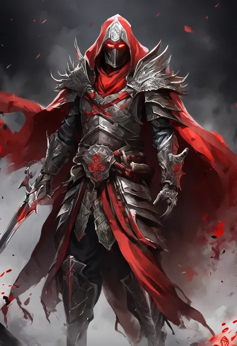 (ultra-detailed CG unit 8k wallpaper, Master parts, Best quality, depth of fields, hdr, 复杂), Tall, The sinister Dark Assassin wears a metal mask，Bright red eyes，Light and dark armor，Behind him，He wears a low-key red cloak。，Holding a sharp dagger in his arm...