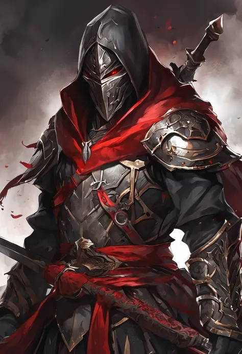 (ultra-detailed CG unit 8k wallpaper, Master parts, Best quality, depth of fields, hdr, 复杂), Tall, The sinister Dark Assassin wears a metal mask，Bright red eyes，Light and dark armor，Behind him，He wears a low-key red cloak。，Holding a sharp dagger in his arm...