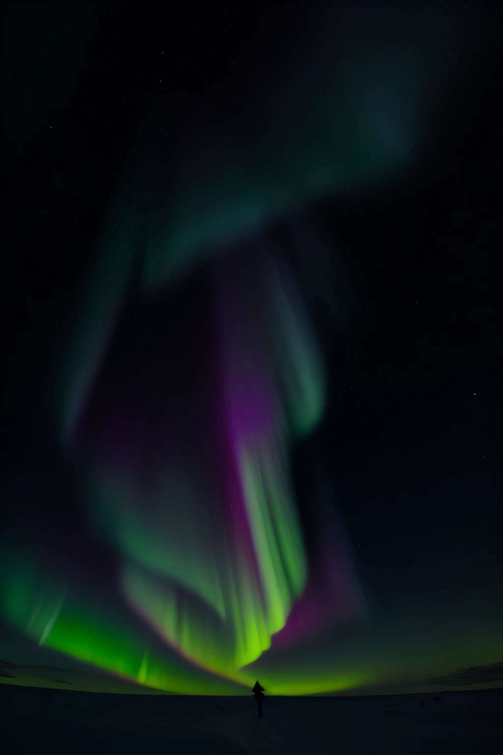 dama del invierno su cuerpo brilla en la aurora boreal, cielo abismal en medio de la noche, 4 estaciones como testigos en forma de humanos. detallado 8K