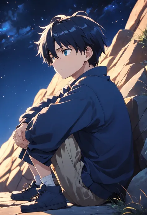 A black hair, ahoge, sleepy, sulking, anime, anime style, chiaroscuro, depth of field, motion blur, UHD, high details, high quality, Highres Side Face Close-up of high school male students sitting on a cliff with a clear blue starry sky in the background