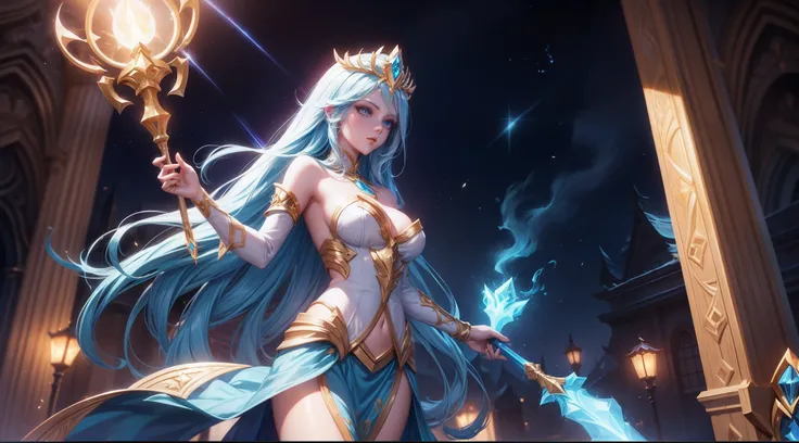 Lux from League of Legends, fair-haired, blue-eyed, elegantly dressed, very bright shining scepter in hand, goddess of light, detailed fingers, riot games splash art