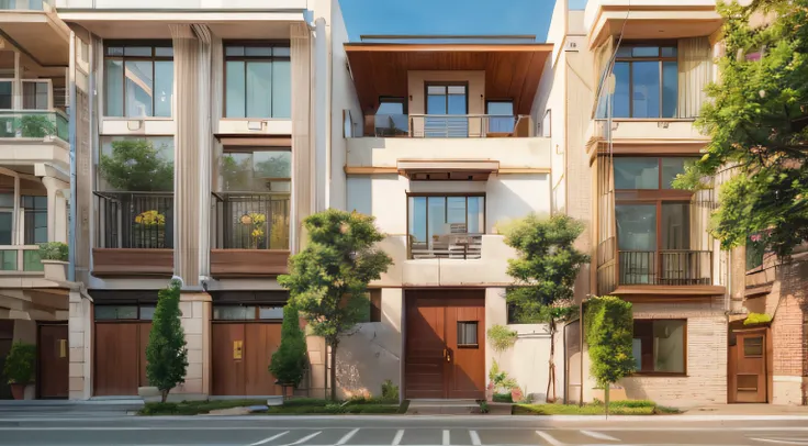 (Urban townhouses ,Close houses and trees), Daylight ( Best quality) ((High solution)) ,(( photograph realistic)) ,Warm light, (Sharp focus) Modern style townhouse front view,Small house, Narrow areas,vietnam,allure, Curved arches,Beautiful facades,Arc win...