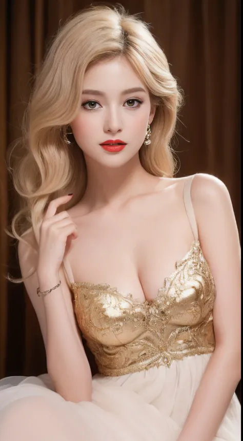 ((An ultra-high picture quality、top-quality、8k picture、​masterpiece:1.3))、Crisp focus:1.2、Beautiful woman with perfect body shape:1.4、The most beautiful face、Super Slender、abdominals:1.2、((Gold Hair、medium cut、Beautiful and big breasts:1.2、tchibi、)highest ...