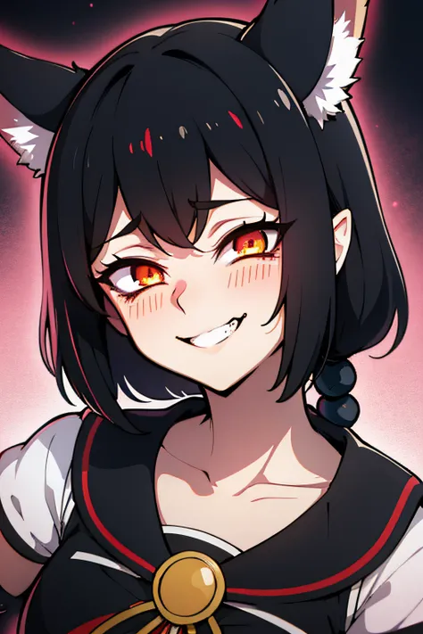 black hair, hair bobbles, wince, longeyelashes, solid circle eyes, fake animal ears, light smile, ear blush, fang, Surrealism, drop shadow, anaglyph, stereogram, tachi-e, pov, atmospheric perspective, 8k, super detail, ccurate, best quality