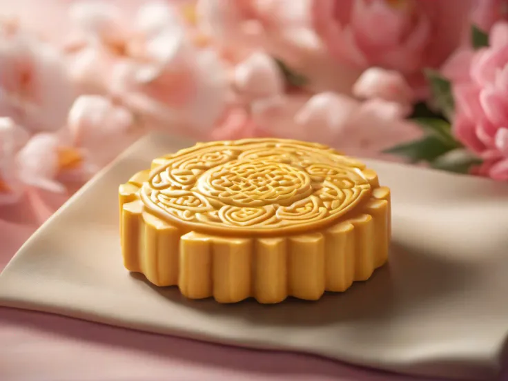 There is 1 yellow mooncake on the table,It has a floral pattern on it，Chinese elements，Tilt-Shift, （white backgrounid：1.3），simplebackground，Fine texture，Soft lighting，Oriental elements, Dreamy, Pastel colors, Traditional Chinese color scheme, ( reasonable ...