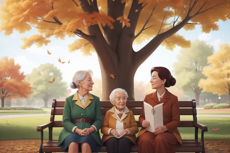 Year: 2019
Setting: A tranquil park with autumn leaves falling gently.
Description: Varya and Ruby, now reunited, visit Gertie at her assisted living facility. They sit on a park bench, sharing a moment of quiet reflection. Nearby, a tree stands adorned wi...