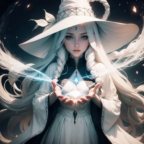 long  white hair，sorceress woman，teens girl，Witch robes，Witch hat，White skin，with light glowing，Floating water ring，Floating particles