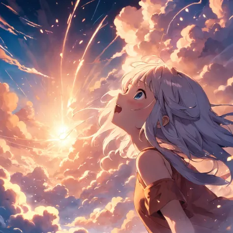 masterpiece, best quality, movie still, 1girl, cloud girl, floating in the sky, close-up, bright, happy, warm soft lighting, sunset, (sparks:0.7)