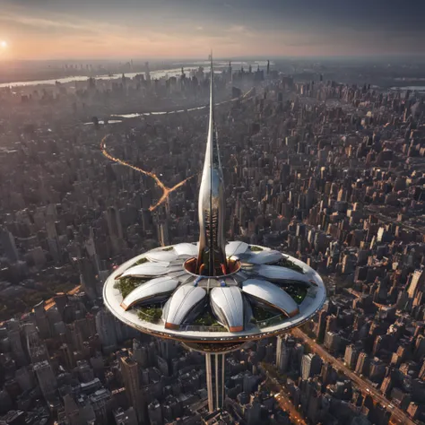 earth in 3250,city,new york, spaceship as car,highway,people hoverin in the air,tall ifel tower