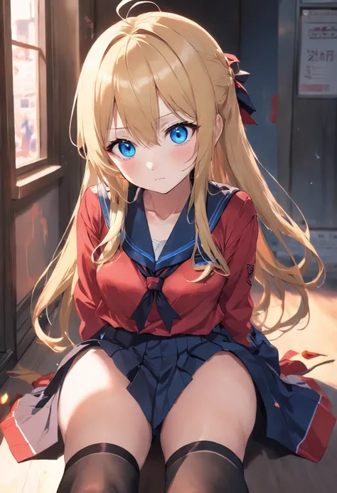 blonde with blue eyes，Lazy expression，JK red and black school uniform，black lence stockings，detail in face