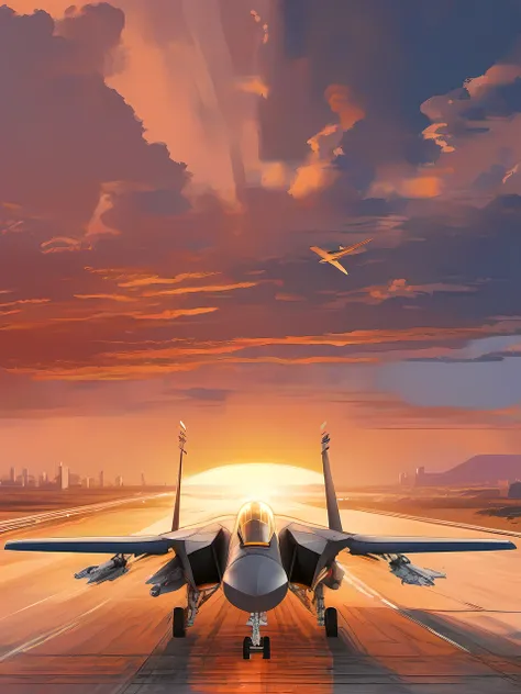 foreshortening technique, dynamic perspective, spatial depth, three-dimensional illusion, visual impact, artistic skill, engaging composition, movie「Top」Illustrations inspired by、Sea setting sun、(((Behind the F-14 fighter jet taking off:1.5)))、((take off s...