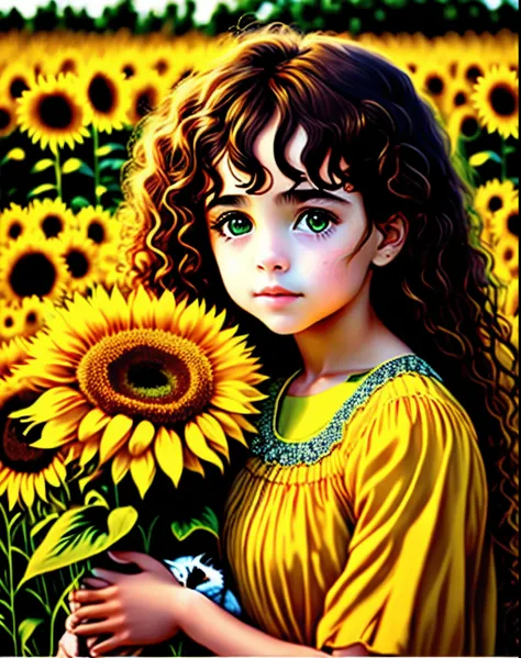 Girl in yellow dress with brown eyes is curly hair, segurando o seu gato preto de olhos verdes, in front of a field of sunflowers.