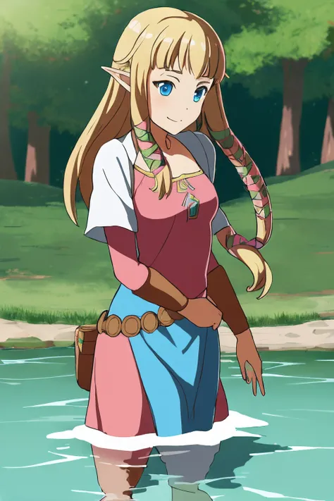 masterpiece, best_quality, 1girl, solo, princess zelda, the legend of zelda, nintendo, sksw, hair ribbon, lake, wading,